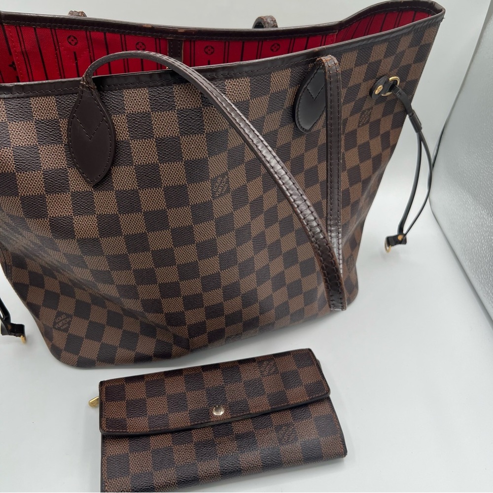 Louis Vuitton Brown Checkered Bag and Wallet Set